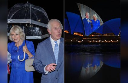 Charles und Camilla am Flughafen und das erleuchtete Opernhaus in Sydney. (jom/spot)