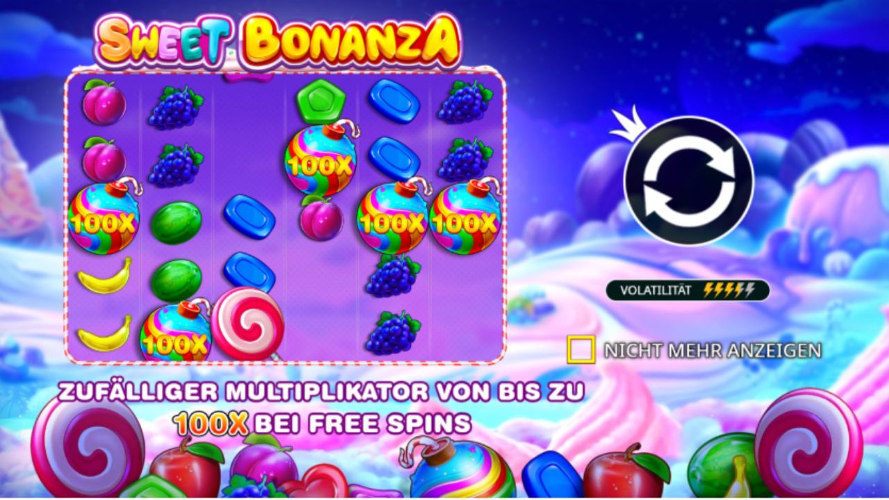 Start-Screen von Sweet Bonanza mit Volatilitätsanzeige von 3,5 von 5 Blitzen