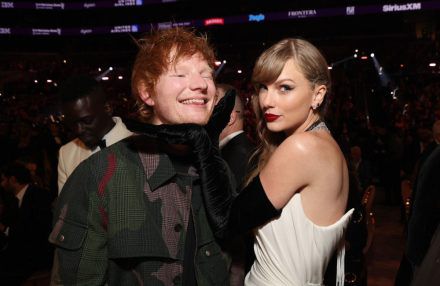 Ed Sheeran and Taylor Swift at 66th Grammy Awards LA Feb 2024 - Getty BangShowbiz
